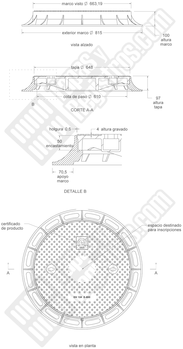 Tapas de arquetas en fundición dúctil E-600 Ø 648 mm H 100 mm